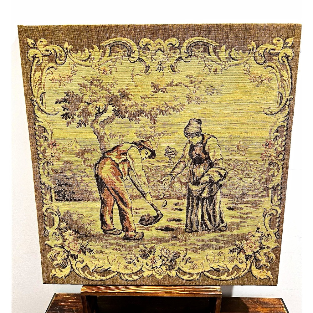 Vintage Farm Life Pastoral Scene Tapestry Wall Hanging Beige Brown Black 19x19